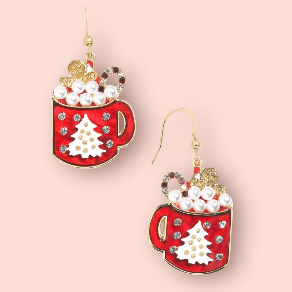 Gold-Tone Pavé & Imitation Pearl Hot Chocolate Mug Drop Earrings New